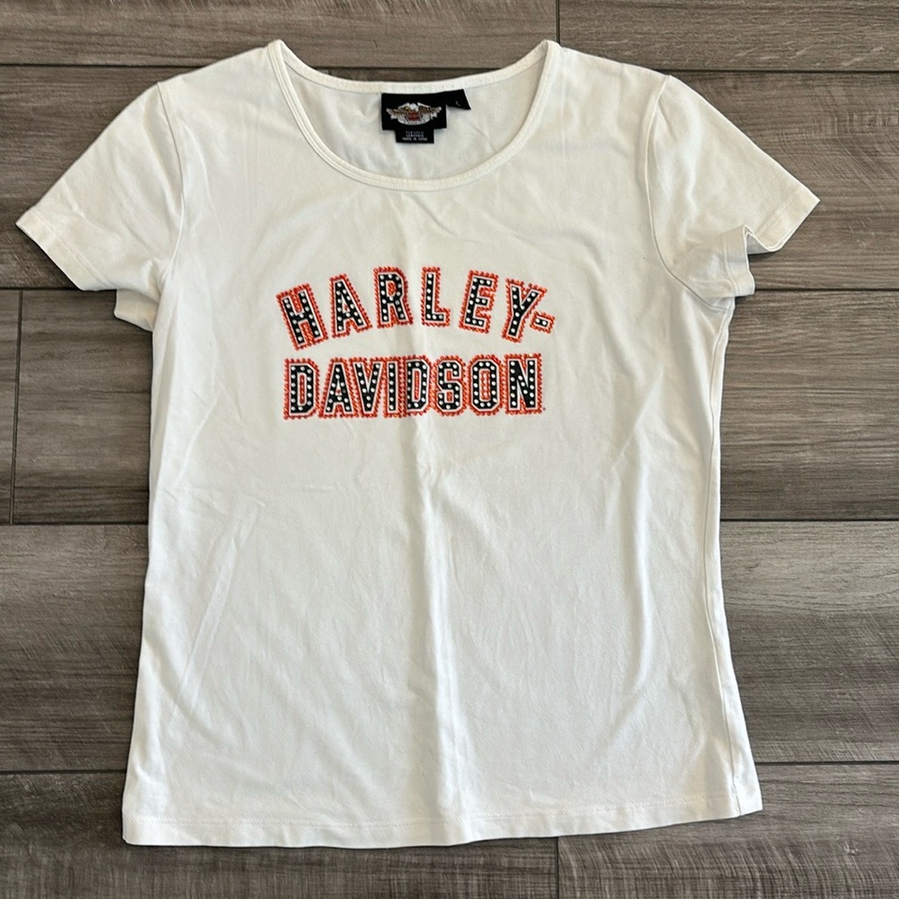 Women’s Harley-Davidson white Studded T-Shirt Graphic Logo size Large
